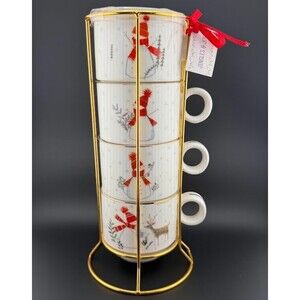 Grace Teaware 4 Snowman Deer Porcelain Stackable Mugs w Metal Holder, New